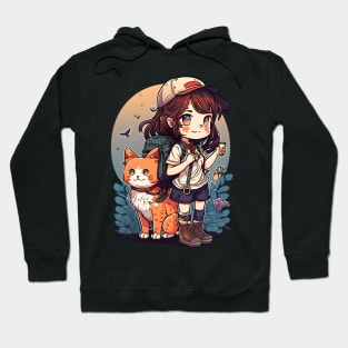 Girl & Orange Cat Kawaii Anime Floral Cat Lover Hoodie